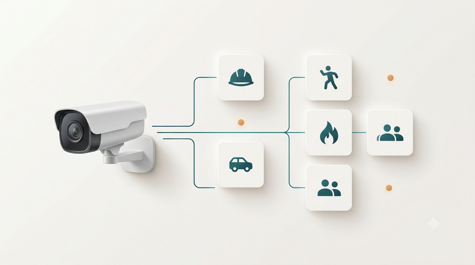An enterprise CCTV camera resolving into a grid of installable AI app tiles — PPE detection, intrusion, fire, vehicle recognition, and people analytics — illustrating the AI camera platform model.