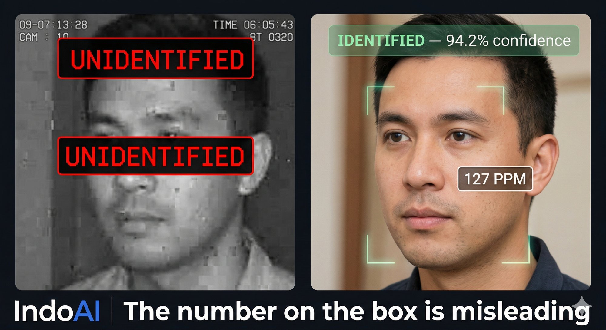 Camera resolution vs AI detection accuracy — same 8MP camera: wrong PPM shows UNIDENTIFIED, correct PPM shows 94.2% confidence identification at 127 PPM. IndoAI Technologies.