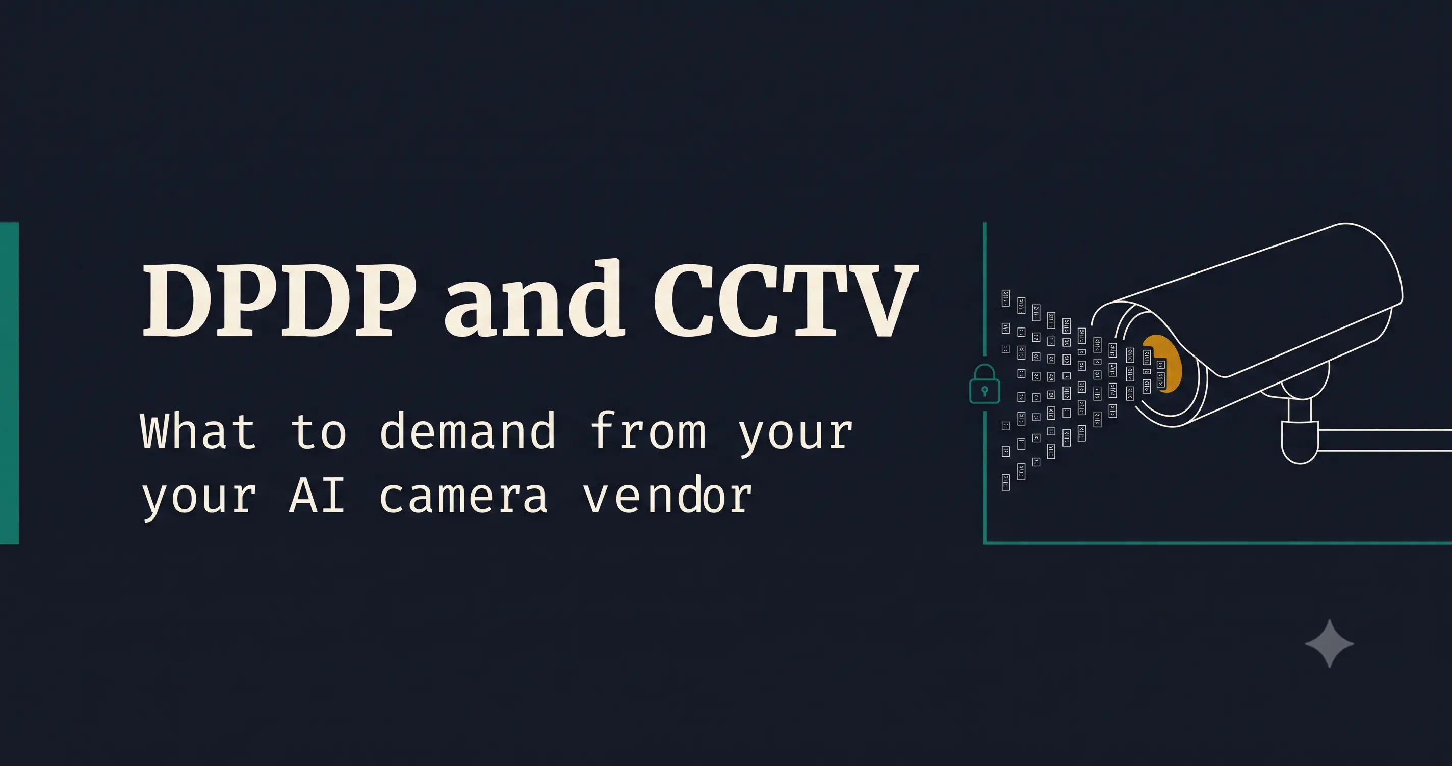 DPDP CCTV compliance: an unbranded camera at an Indian factory gate beside a bilingual privacy notice, with video processed on an on-premise edge appliance