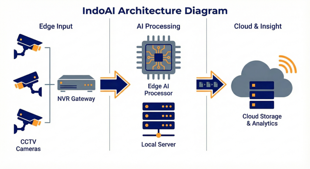 IndoAI edge AI architecture showing CCTV cameras, NVR gateway, edge AI processor, local server, and cloud analytics