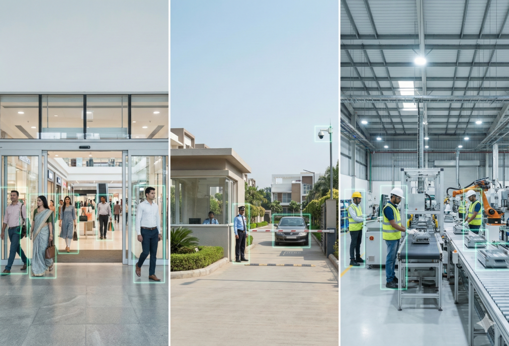 AI video analytics use cases in malls, gated communities, and factories using smart CCTV cameras in India