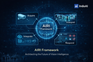 AIRI Framework by IndoAI showing the vision intelligence architecture with AI cameras, edge AI processing, analytics interpretation, automated response, and system integration.