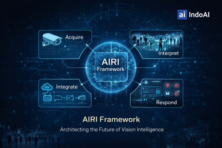 AIRI Framework by IndoAI showing the vision intelligence architecture with AI cameras, edge AI processing, analytics interpretation, automated response, and system integration.