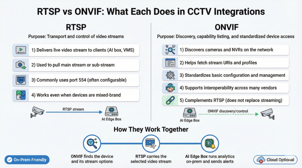 RTSP vs ONVIF comparison for CCTV integration showing streaming, discovery, and interoperability roles