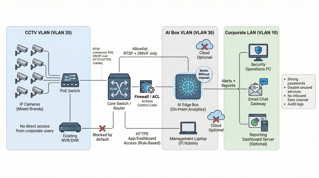 AI analytics integration with CCTV cameras in India using RTSP and ONVIF on secure on-prem VLAN architecture