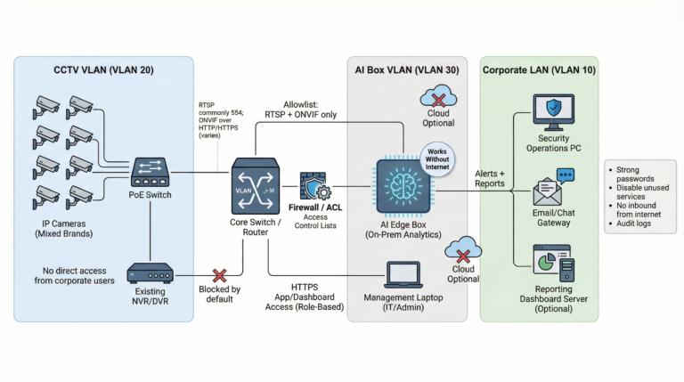 AI analytics integration with CCTV cameras in India using RTSP and ONVIF on secure on-prem VLAN architecture