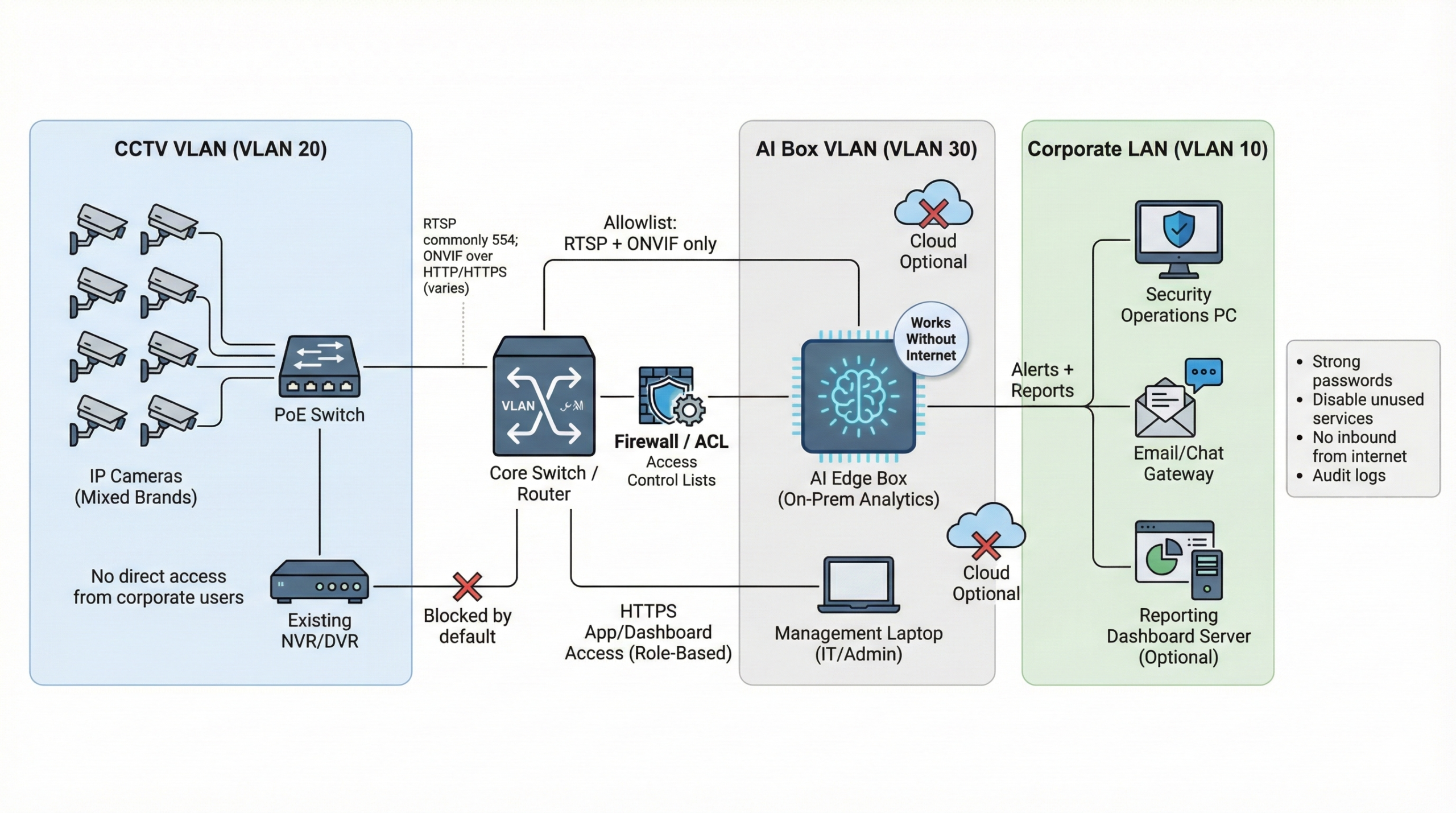 AI analytics integration with CCTV cameras in India using RTSP and ONVIF on secure on-prem VLAN architecture