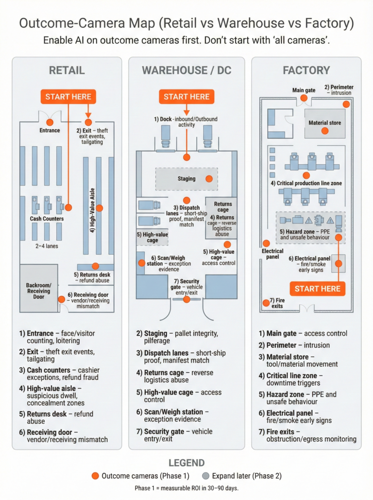 Outcome-based AI camera placement for retail, warehouse, and factory CCTV deployments in India