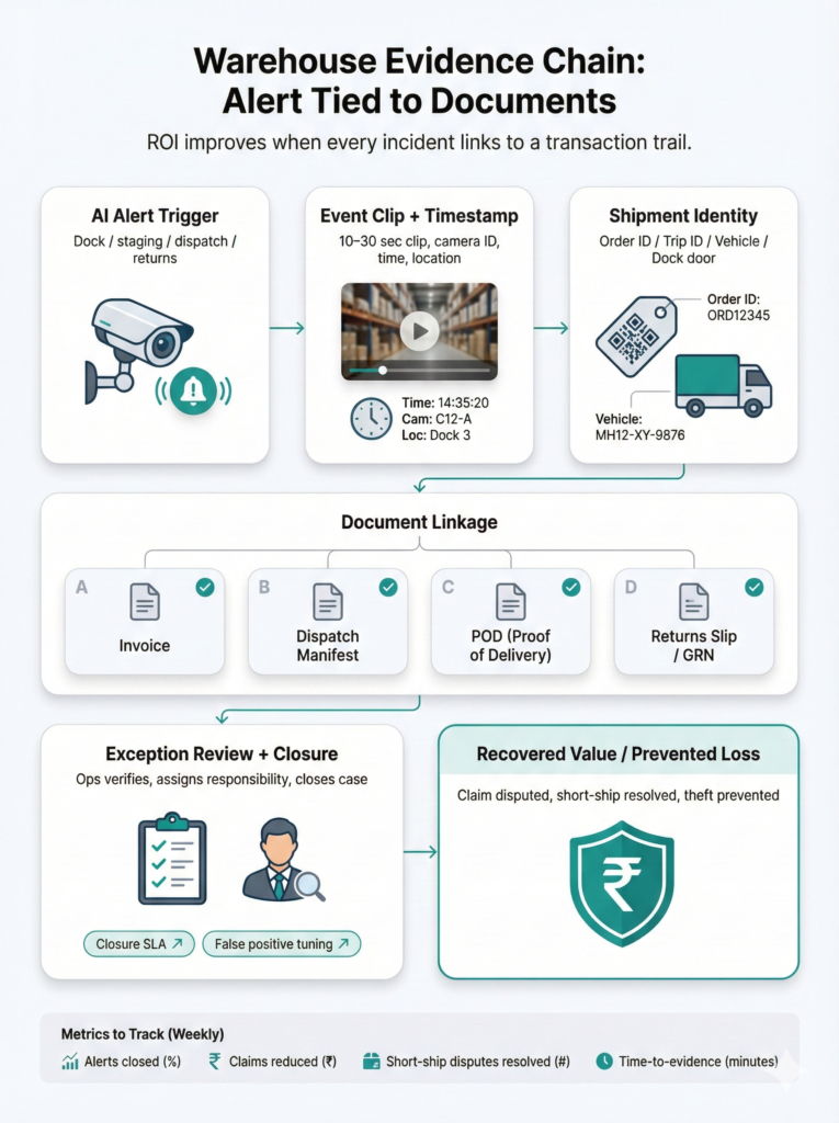 Warehouse AI CCTV evidence chain linking video alerts to invoices, POD, and dispatch documents
