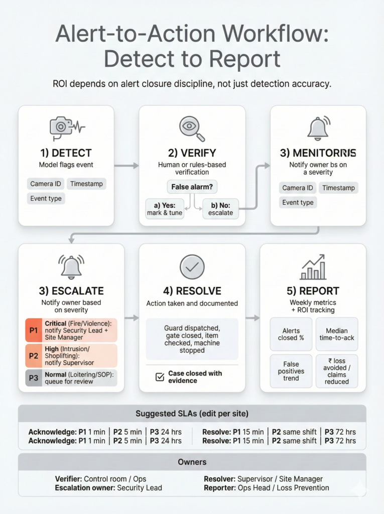 AI CCTV alert to action workflow showing detection, verification, escalation, and reporting