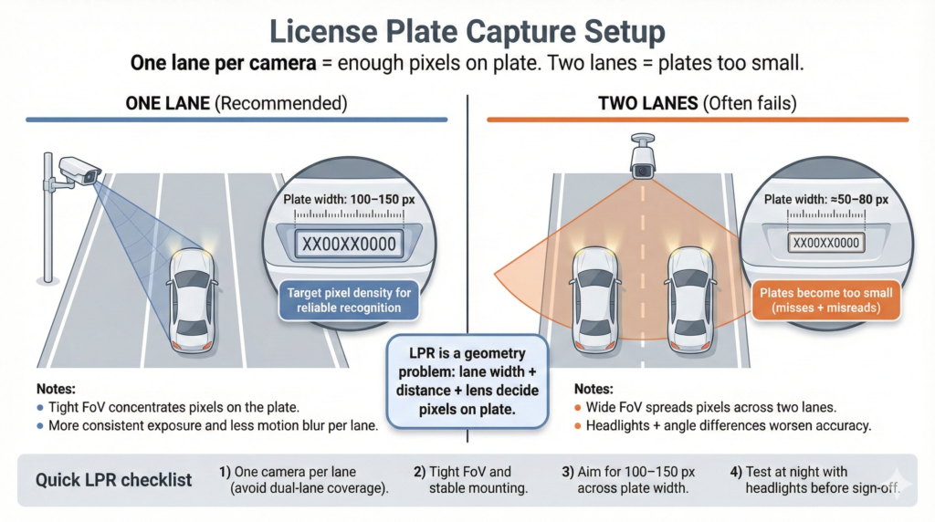 Shutter speed comparison showing motion blur versus sharp vehicle number plates, explaining why fast shutter settings are critical for license plate recognition AI