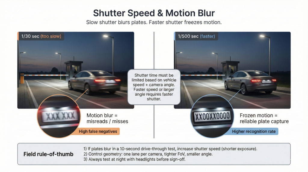 License plate recognition camera placement example comparing one camera per lane versus covering multiple lanes, highlighting pixel density and accuracy impact