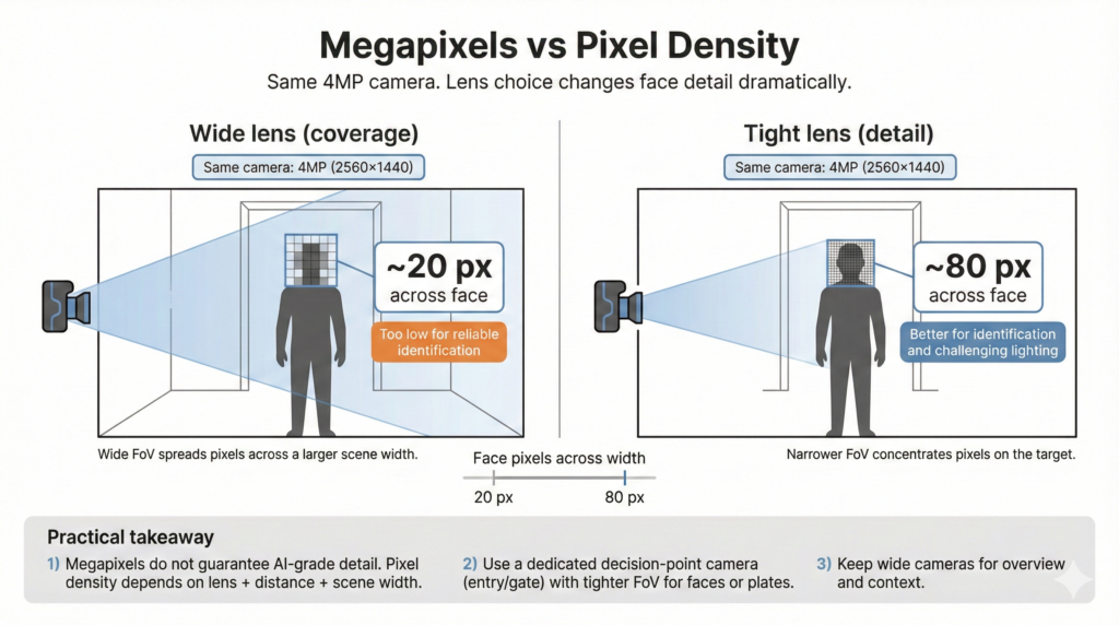 Pixel density illustration showing how 20, 40, and 80 pixels across a human face affect AI detection, recognition, and identification using the DORI model
