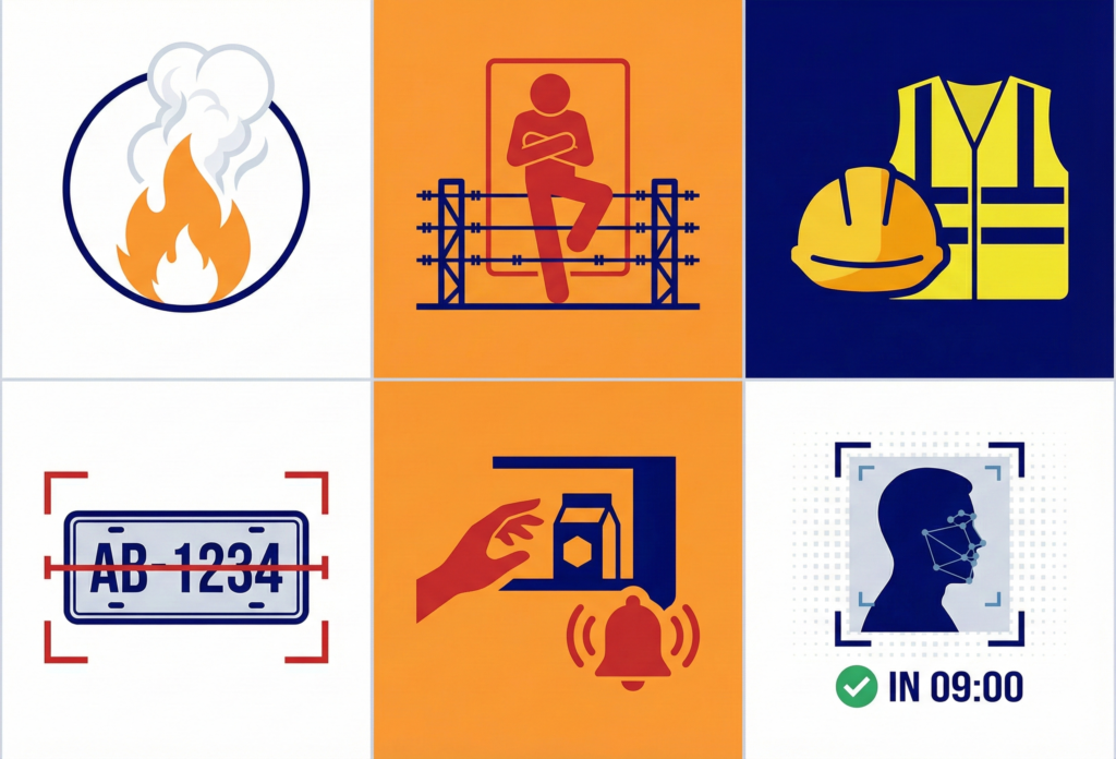 AI video analytics use cases including fire detection, intrusion detection, PPE compliance, ANPR, and facial recognition attendance