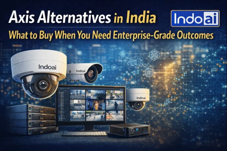 Axis alternatives in India showing enterprise surveillance cameras, VMS dashboard, edge AI box, and AIRI score highlighting outcome-driven video AI platforms.