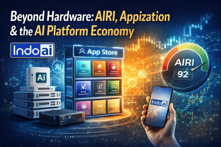 Beyond hardware AI platform economy illustration showing AIRI score, Appization app marketplace, edge AI devices, and IndoAI platform.