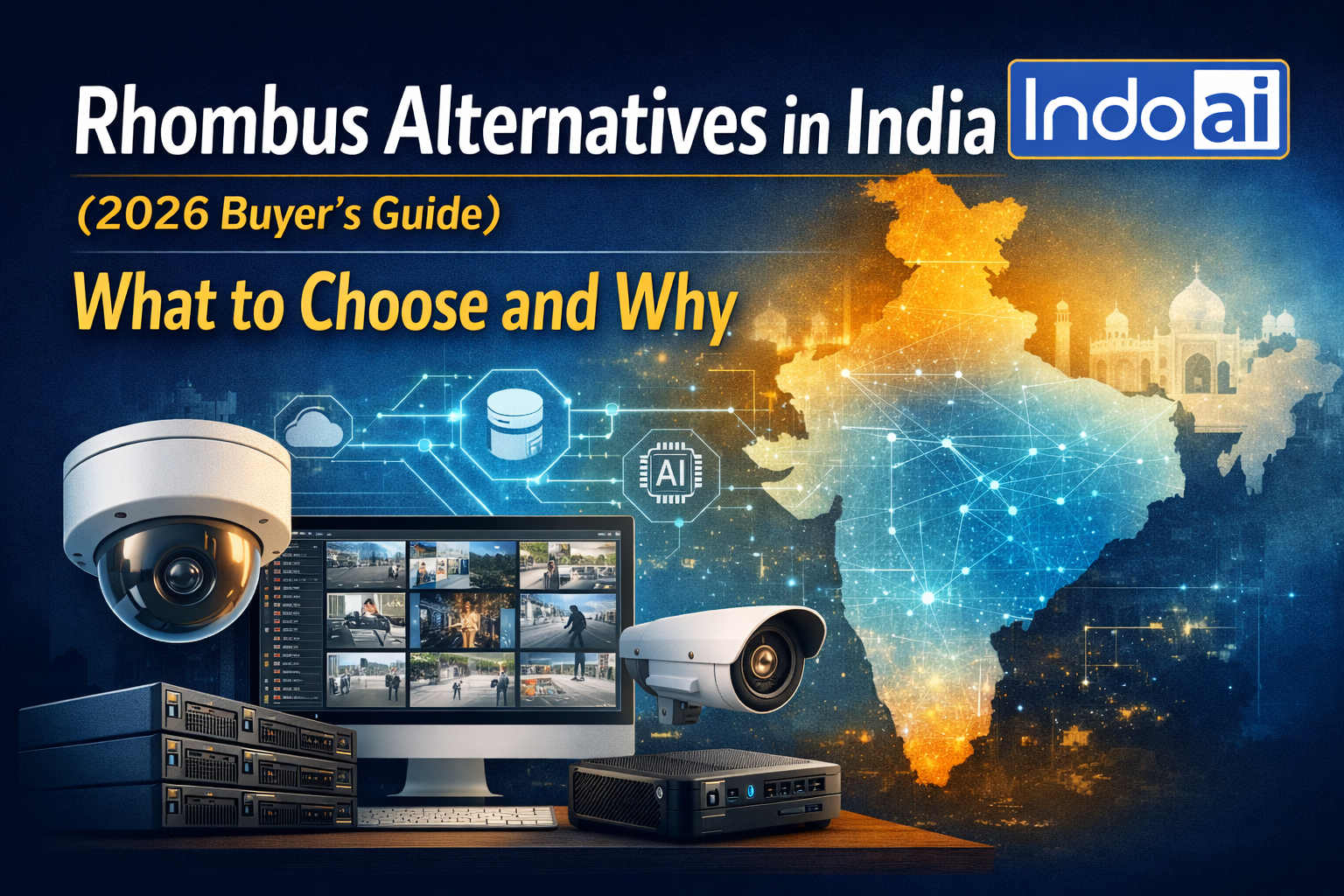 Rhombus alternatives in India 2026 featuring AI video surveillance, cloud VMS, edge AI hardware, India-first deployment, and IndoAI platform.