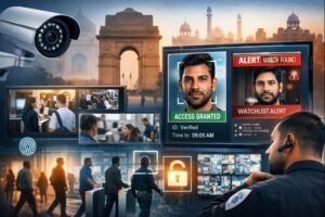 AI-powered CCTV monitoring system showing face recognition alerts, access granted verification, and watchlist detection with security operator monitoring multiple surveillance feeds in an Indian public setting.