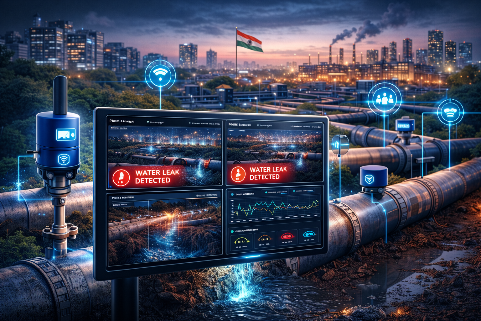 AI-based water leak detection system monitoring urban pipelines in India