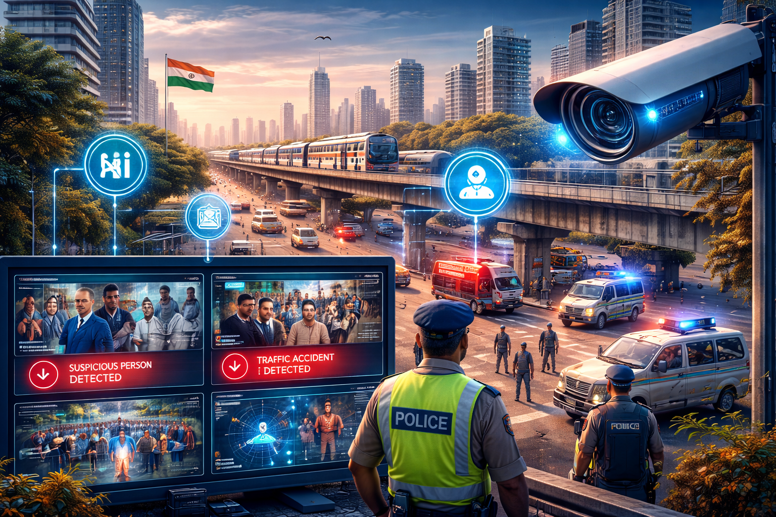 AI-powered public safety monitoring system analyzing traffic and incidents in an Indian smart city