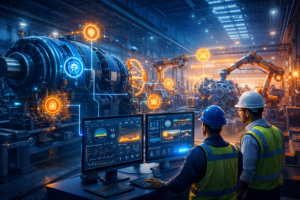 AI predictive maintenance system monitoring industrial machinery performance in Indian smart factory