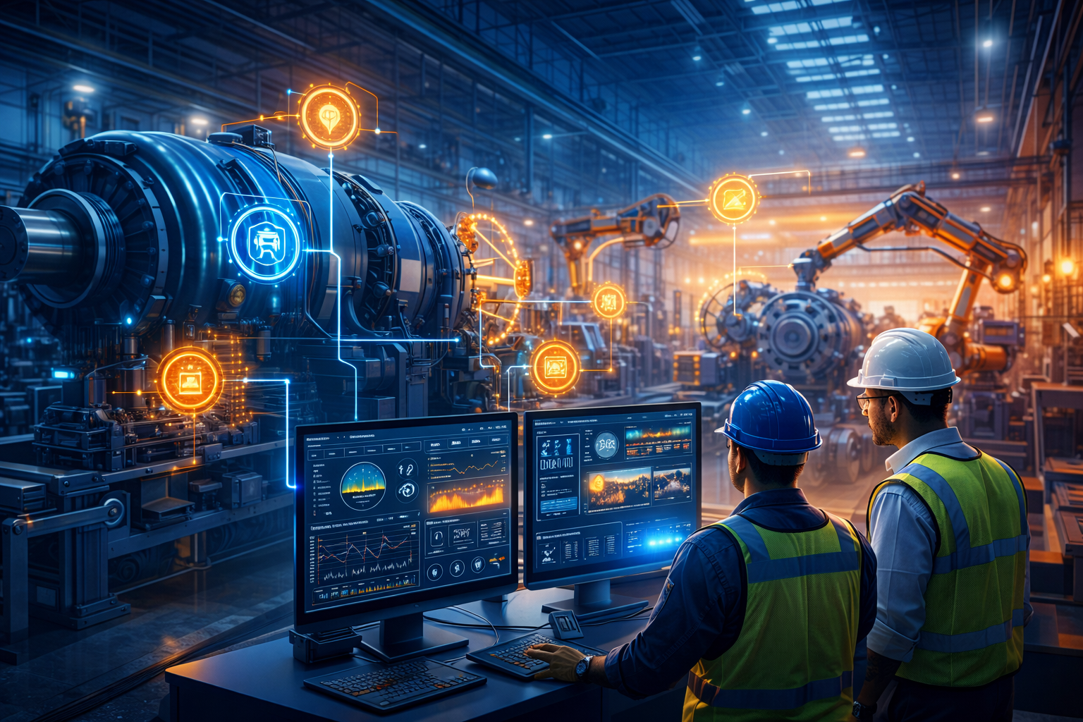 AI predictive maintenance system monitoring industrial machinery performance in Indian smart factory