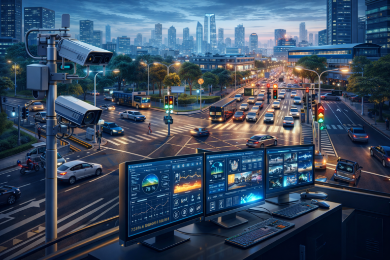 AI traffic management system monitoring vehicle flow at a smart city intersection in India