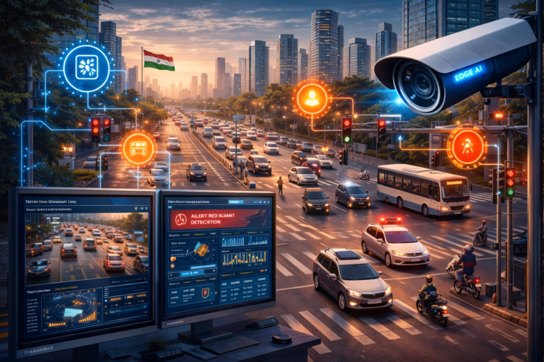 AI traffic management system monitoring vehicles at a smart city intersection in India using edge AI cameras and real-time analytics.