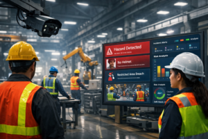 AI workplace safety monitoring system analyzing industrial workers and detecting safety risks in a modern Indian factory
