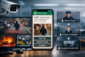 CCTV AI alert workflow showing video evidence, WhatsApp notifications, and incident escalation