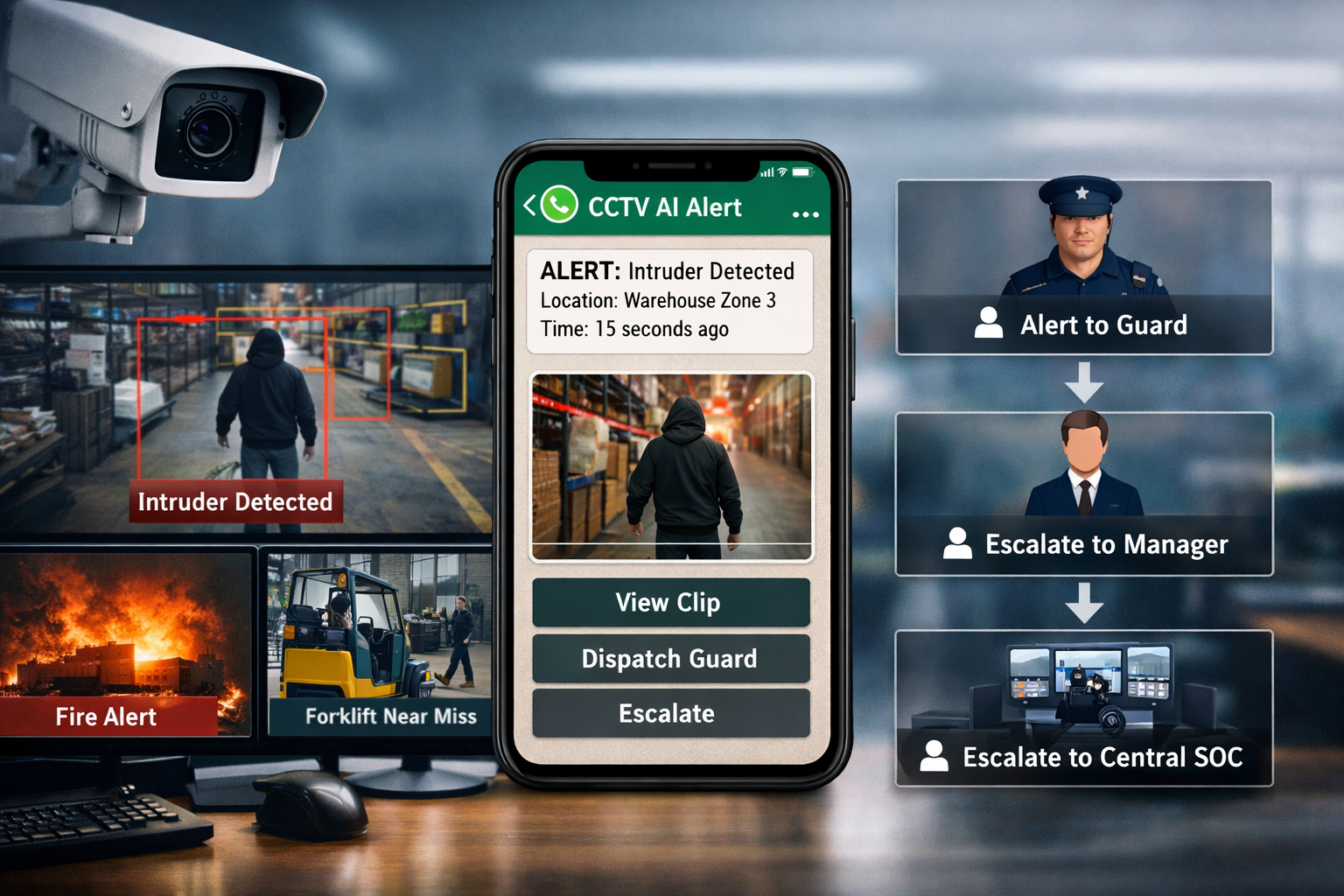 CCTV AI alert workflow showing video evidence, WhatsApp notifications, and incident escalation