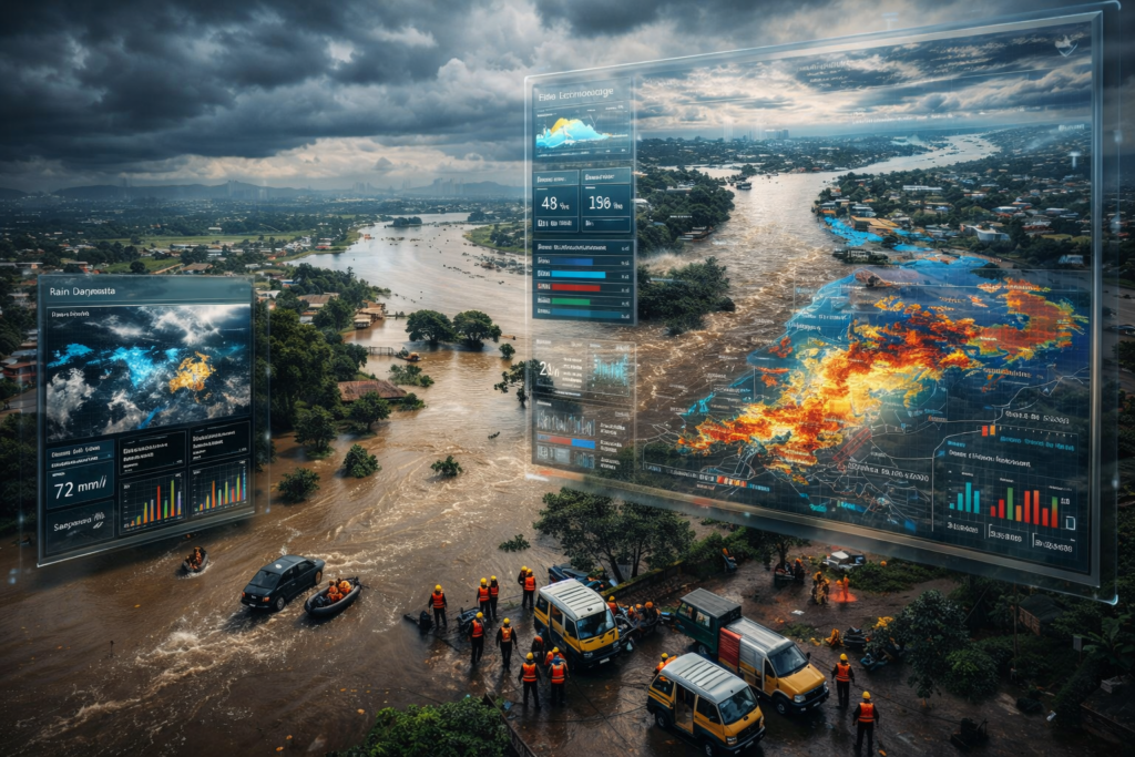 AI flood prediction system analyzing river levels and weather data in India to forecast flood risks and improve disaster preparedness.