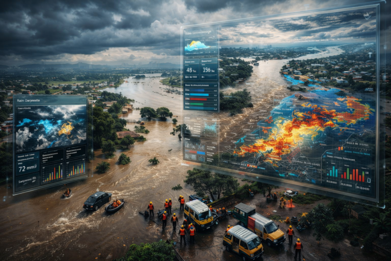 AI flood prediction system analyzing river levels and weather data in India to forecast flood risks and improve disaster preparedness.