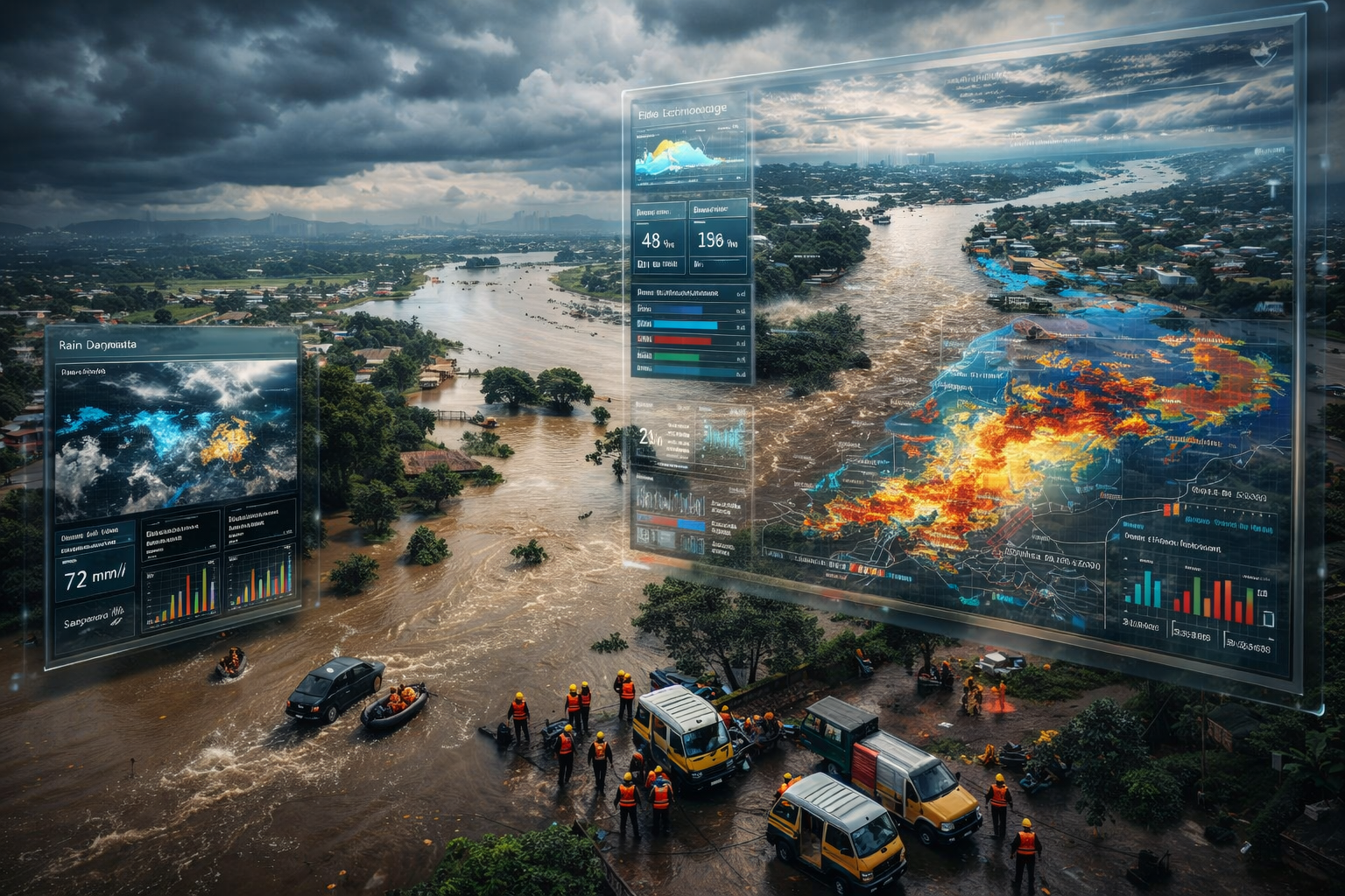 AI flood prediction system analyzing river levels and weather data in India to forecast flood risks and improve disaster preparedness.