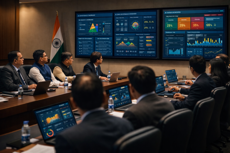 Indian government officials reviewing AI data governance framework on digital screens