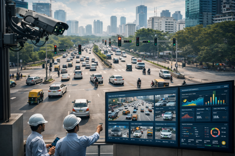 AI traffic violation detection system monitoring vehicles at a smart city intersection in India