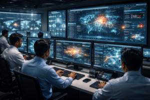 AI cybersecurity monitoring systems protecting digital infrastructure in India through real-time network threat detection.