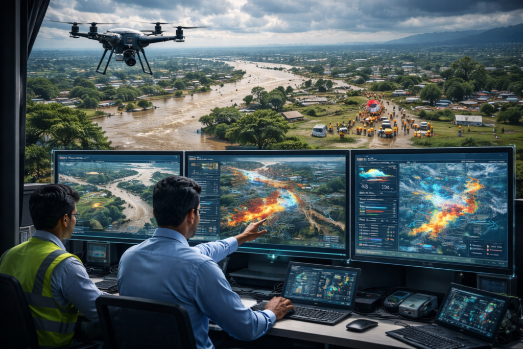 AI disaster monitoring command center in India analyzing flood data and coordinating emergency response using advanced analytics systems