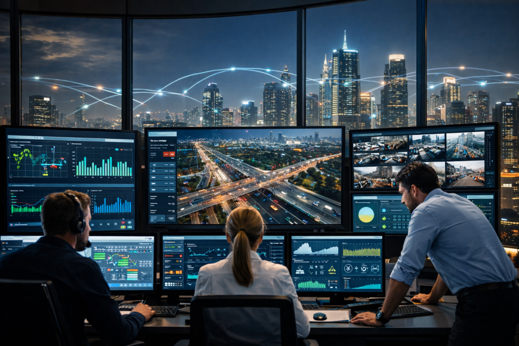 AI-powered smart city control center monitoring traffic systems, energy grids, and urban infrastructure using real-time data analytics