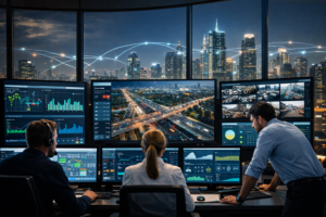 AI-powered smart city control center monitoring traffic systems, energy grids, and urban infrastructure using real-time data analytics