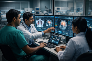 AI healthcare diagnostic system used by doctors in an Indian hospital to analyze medical data and detect diseases early.