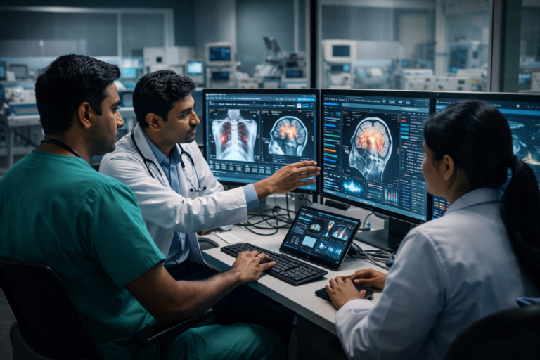 AI healthcare diagnostic system used by doctors in an Indian hospital to analyze medical data and detect diseases early.