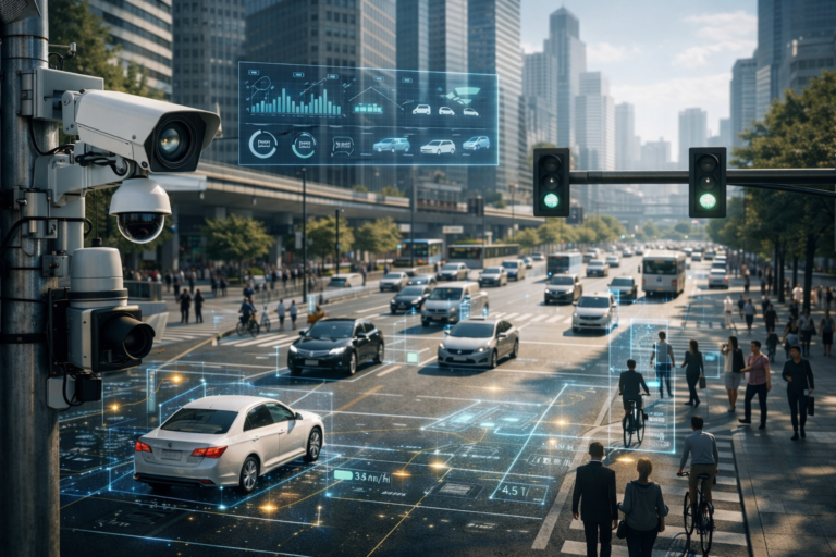 AI-powered surveillance cameras monitoring traffic and pedestrians in a smart city environment