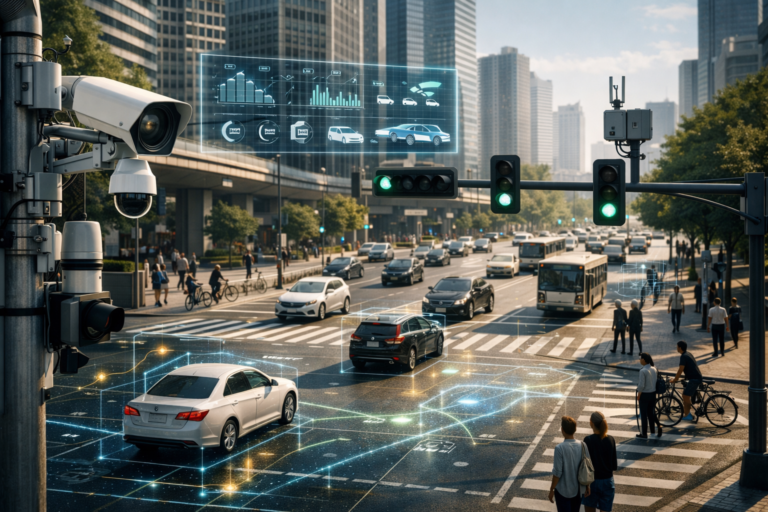 AI-powered smart city traffic management system monitoring vehicles at an urban intersection