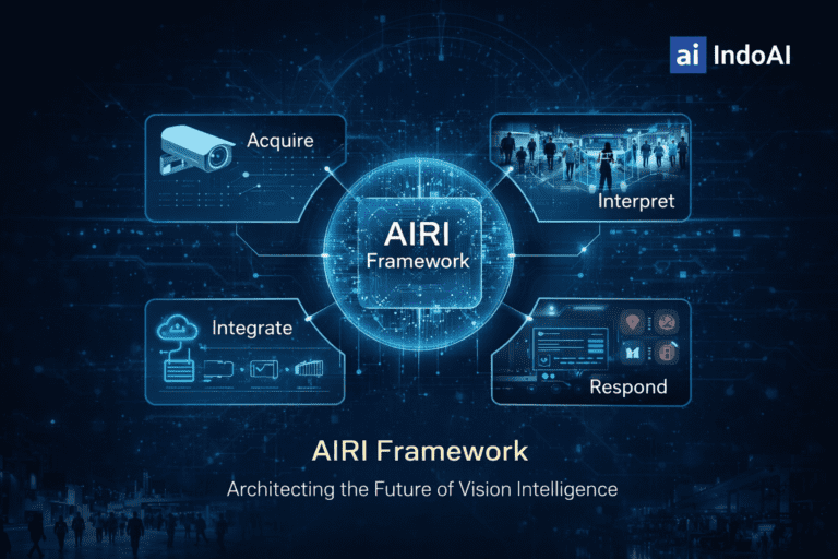 AIRI Framework by IndoAI showing the vision intelligence architecture with AI cameras, edge AI processing, analytics interpretation, automated response, and system integration.